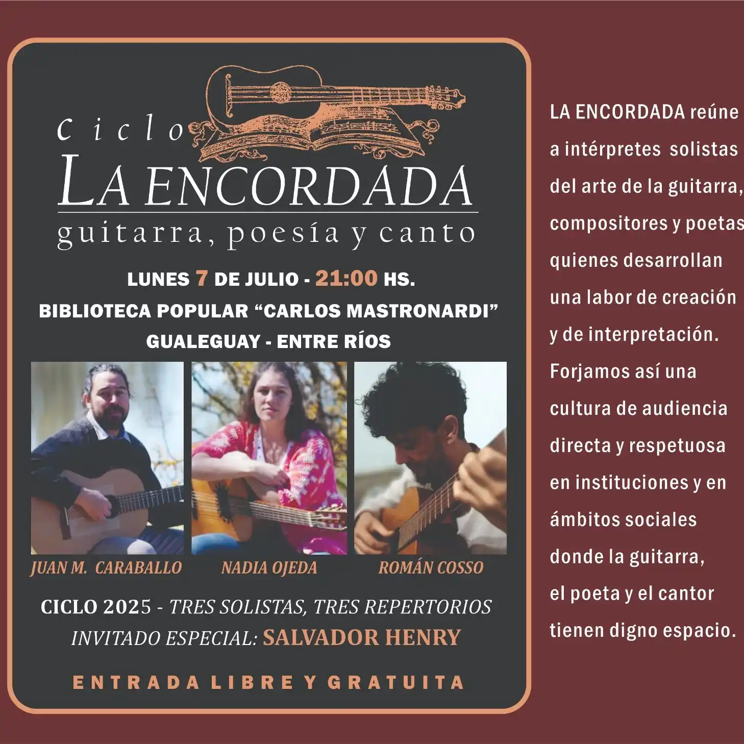 Nueva edición del ciclo “La Encordada”: guitarra, poesía y canto en Gualeguay
