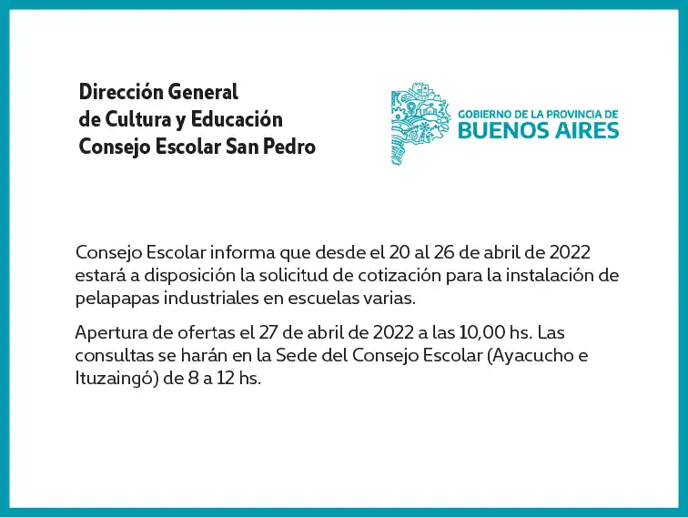 [Publicación Oficial] Consejo Escolar de San Pedro: cotización para instalación de pelapapas industriales
