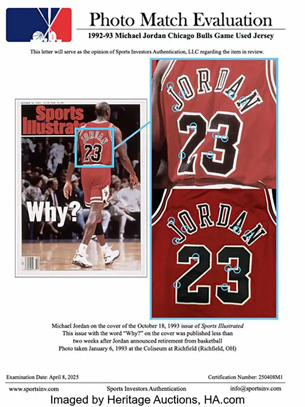 Las comparaciones de la camiseta que usó Jordan con la portada de Sports Illustrated (Heritage Auctions)