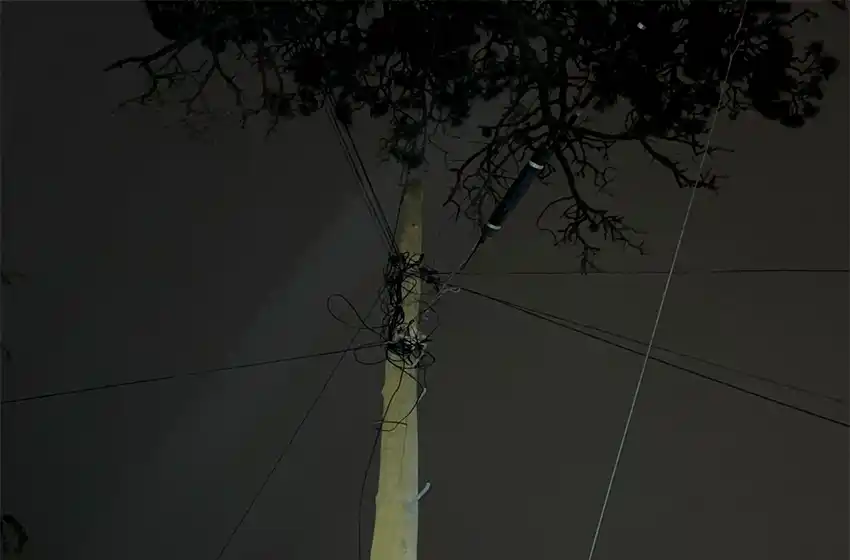 Tres hombres son sorprendidos trepados a un poste robando cables de teléfono