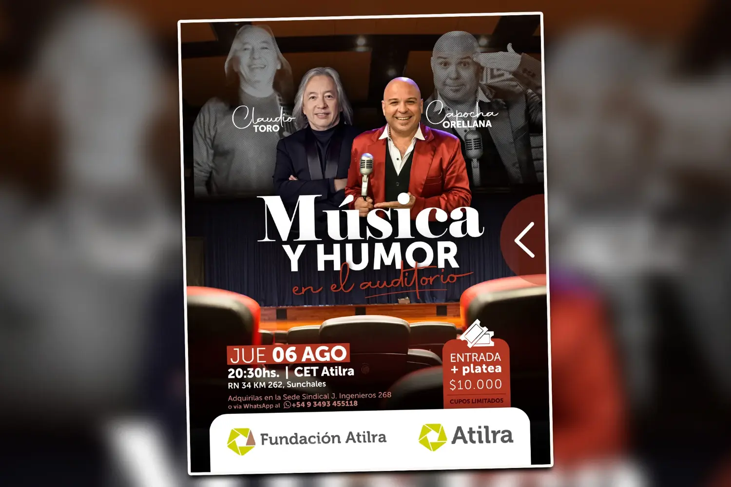 Música y humor en Sunchales: Claudio Toro y Capocha Orellana estarán en el Auditorio del CET ATILRA