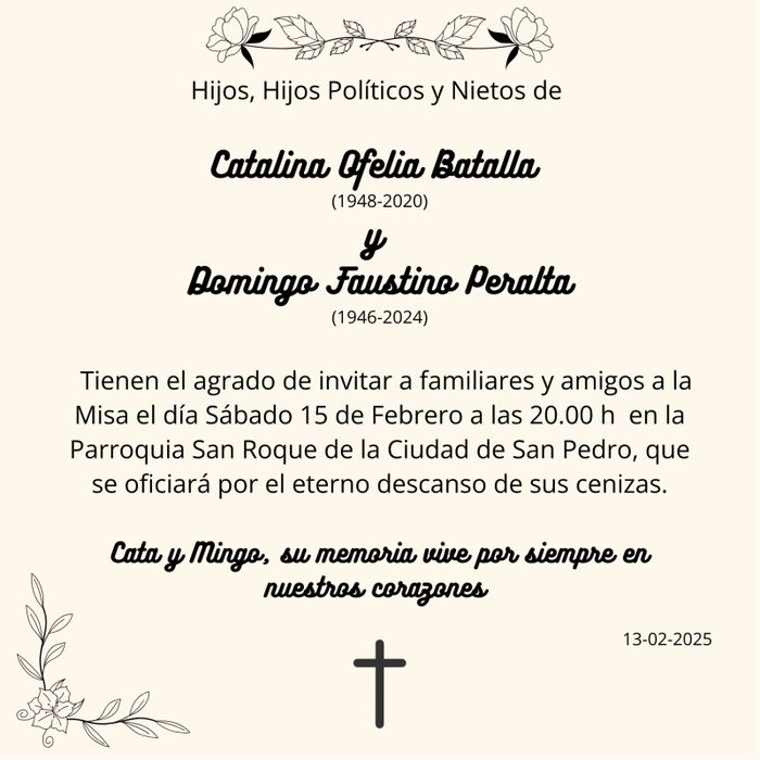 Obituario Catalina Ofelia Batalla y Domingo Faustino Peralta
