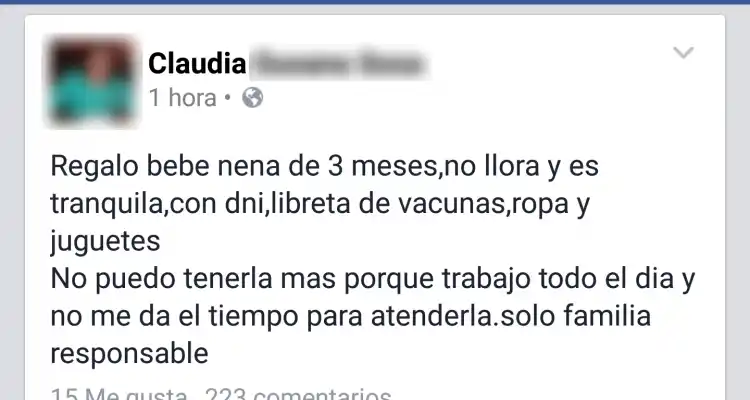 Repudio por supuesto aviso de regalo de una beba por Facebook