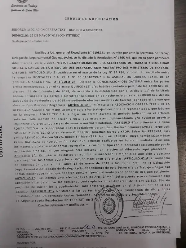Trabajo dictó la conciliación obligatoria y Rontaltex deberá reincorporar a los 11 despedidos