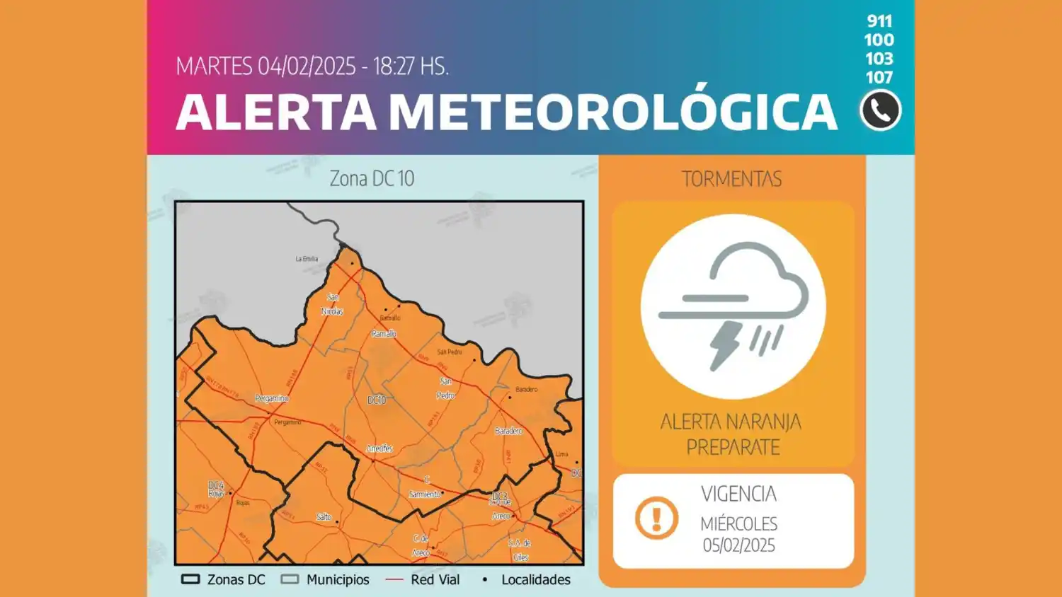 El norte de la provincia se verá afectada por tormentas fuertes, granizo y lluvias que llegarían a 90 mm, informó Defensa Civil.