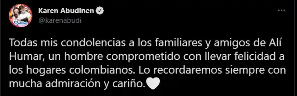 La ministra de Comunicaciones expresó el pesar por la partida de Alí Humar en Twitter.