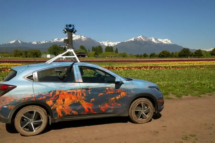 El auto de Google Maps retratando los campos de tulipanes en Trevelin. Foto: Google Argentina