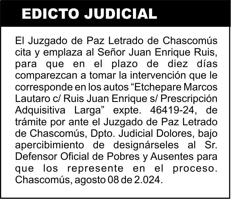 “Etchepare Marcos Lautaro c/ Ruis Juan Enrique s/ Prescripción Adquisitiva Larga”