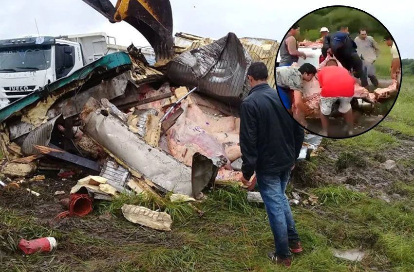 Volcó un camión frigorífico y los vecinos se robaron la carne que estaba esparcida en la ruta