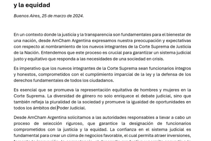 El comunicado de la Cámara de Comercio de Estados Unidos en Argentina (ADCHAM)