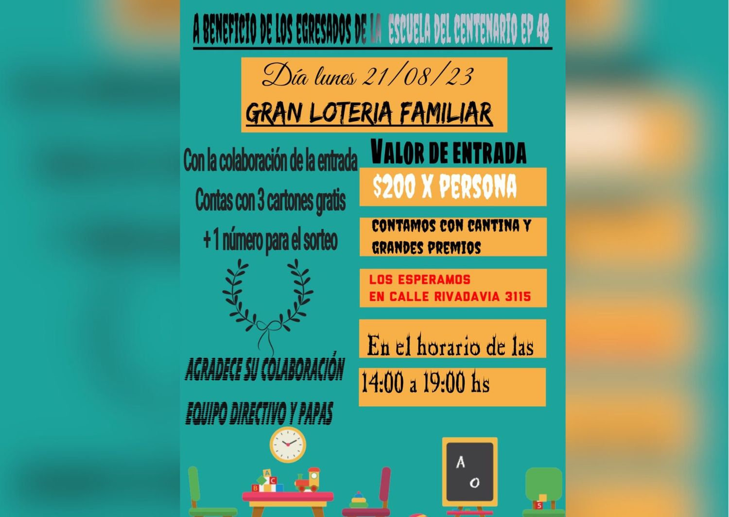 Lotería familiar a beneficio de egresados de la escuela 48
