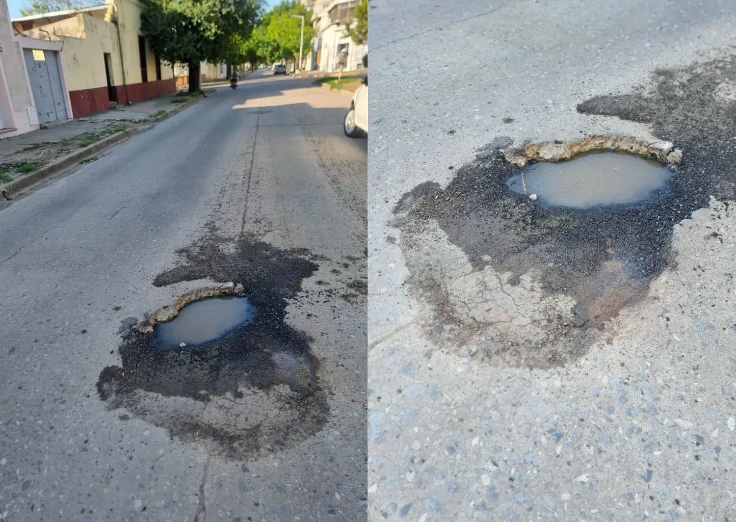 Calle Uruguay: reclamos por un pozo que provoca accidentes y daños a los vehículos