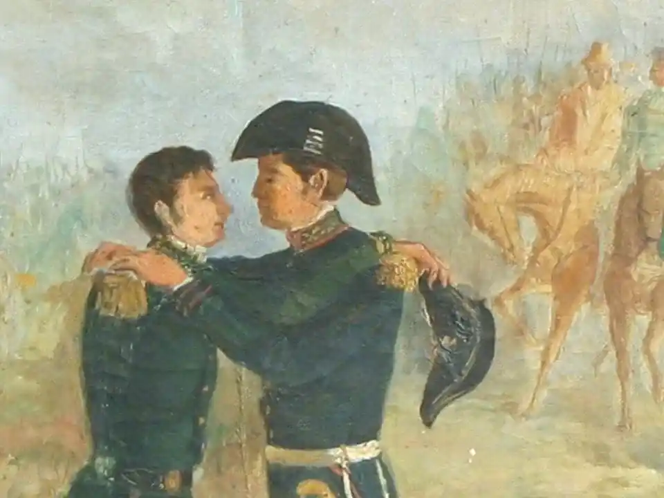 El abrazo de San Martín con Belgrano, una postal que emociona. Foto: Instituto Nacional Sanmartiniano.