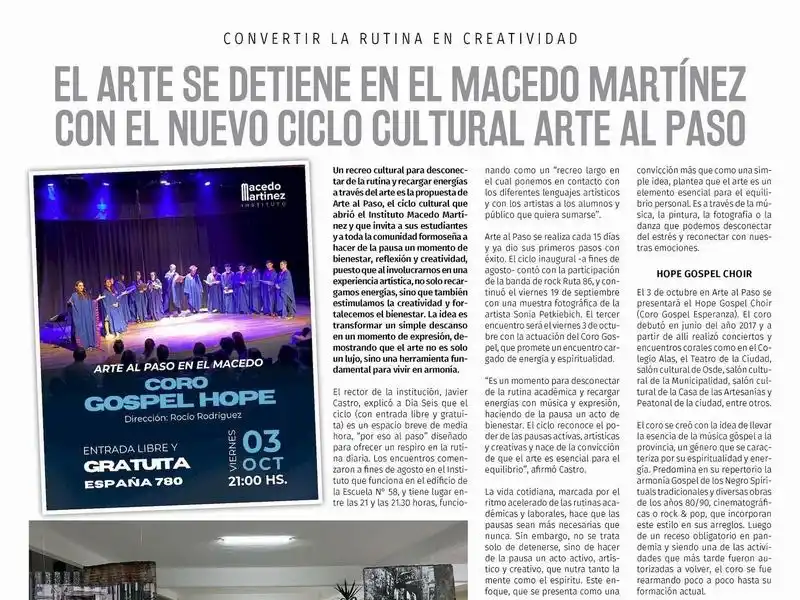 El arte se detiene en el Macedo Martínez 
con el nuevo ciclo cultural Arte al Paso