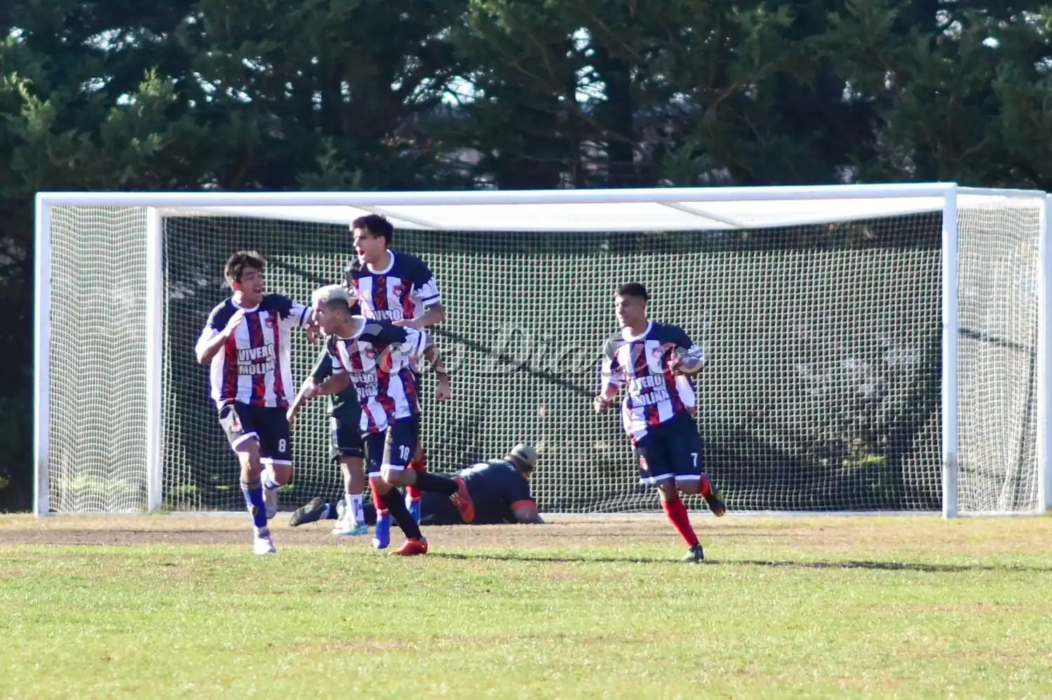 Festejo del gol del empate. El autor del tanto Franco Santibañez junto a sus compañeros