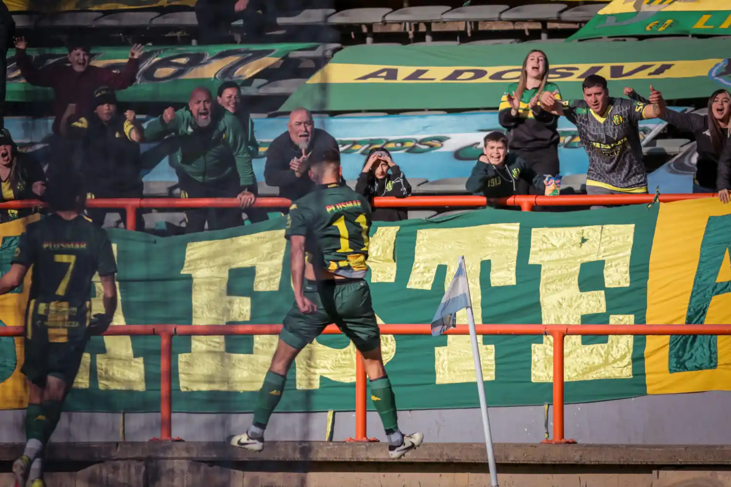 Elías Torres festejando el gol con los hinchas