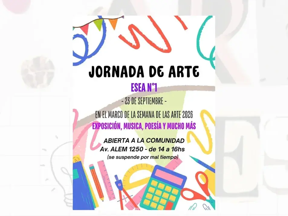 Flyer informativo de la Jornada de Arte organizada por la E.S.E.A. N° 1, que presenta detalles sobre la exposición, música y poesía abierta a toda la comunidad el próximo 23 de septiembre en la sede de Avenida Alem 1250.