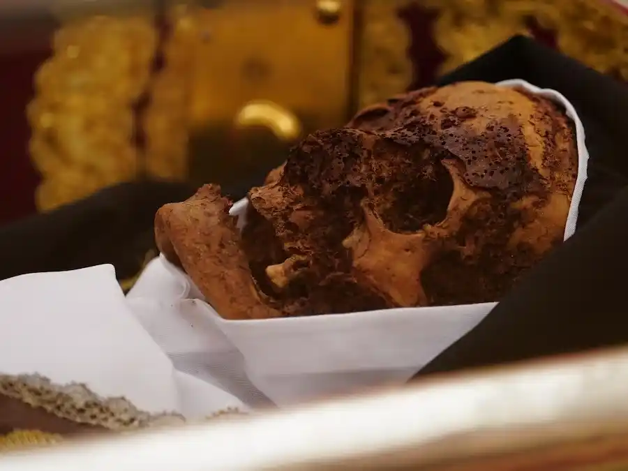 Detalle del rostro de Santa Teresa de Jesús durante el acto de apertura para su veneración pública. Foto: Manuel Ángel Laya / Europa Press