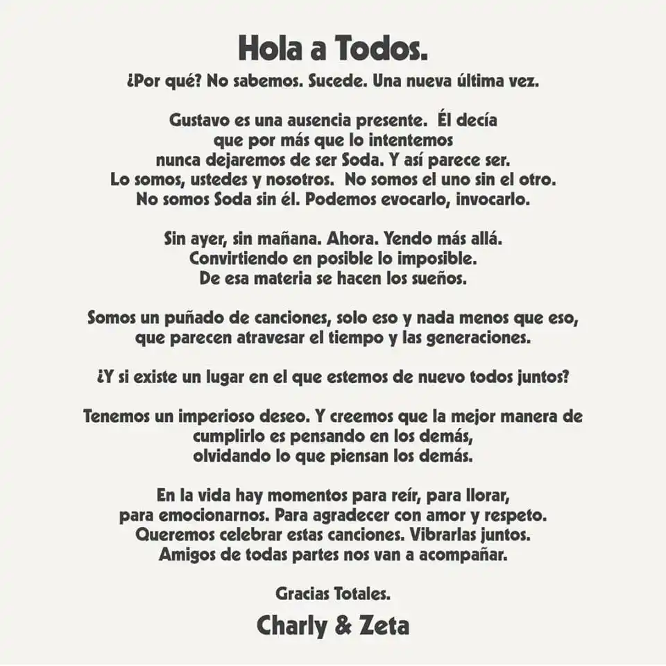 Vuelve Soda Stereo: la emotiva carta de Zeta Bosio y Charly Alberti