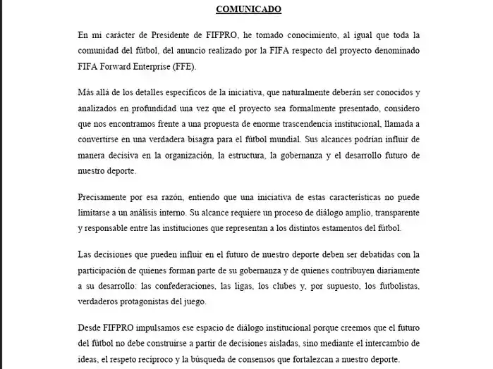 El comunicado de FIFPRO
