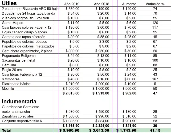 Para el ciclo lectivo 2019 la canasta escolar costará 41,15% más