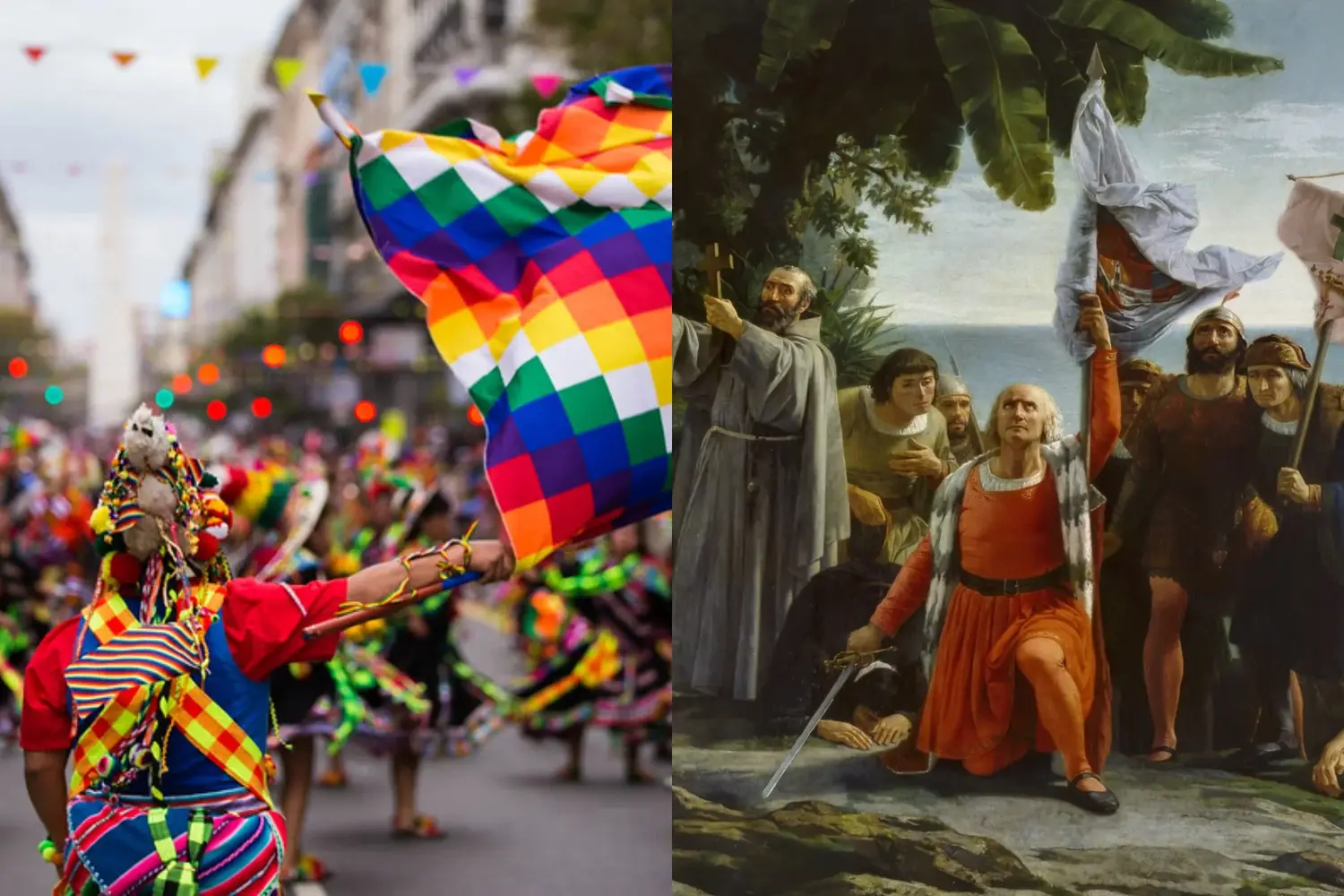 La Whipala, símbolo indígena, y el desembarco de Colón pintado por Dióscoro Puebla.