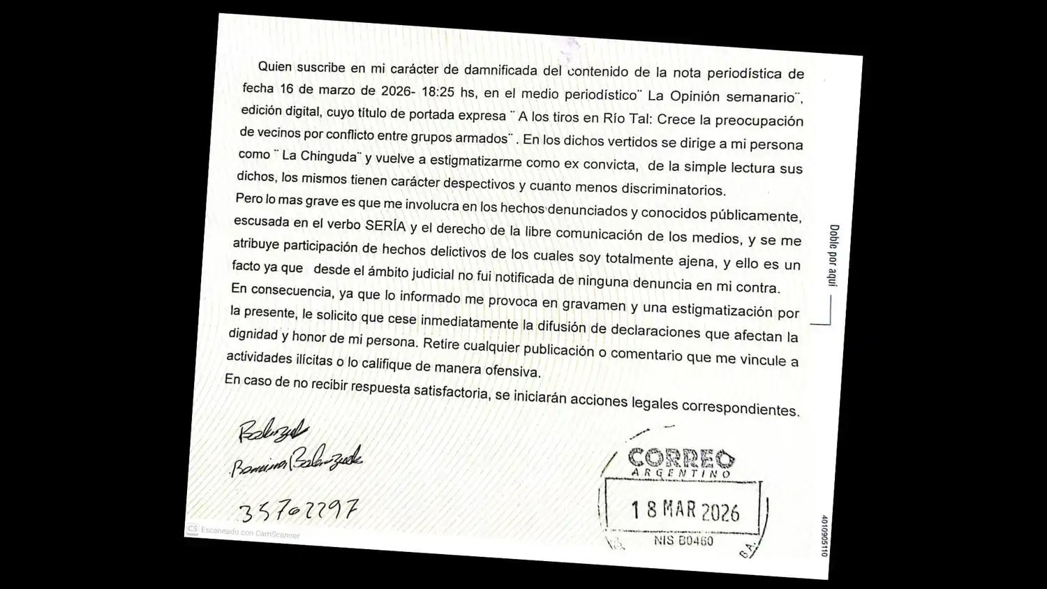 Carta documento Romina Valenzuela