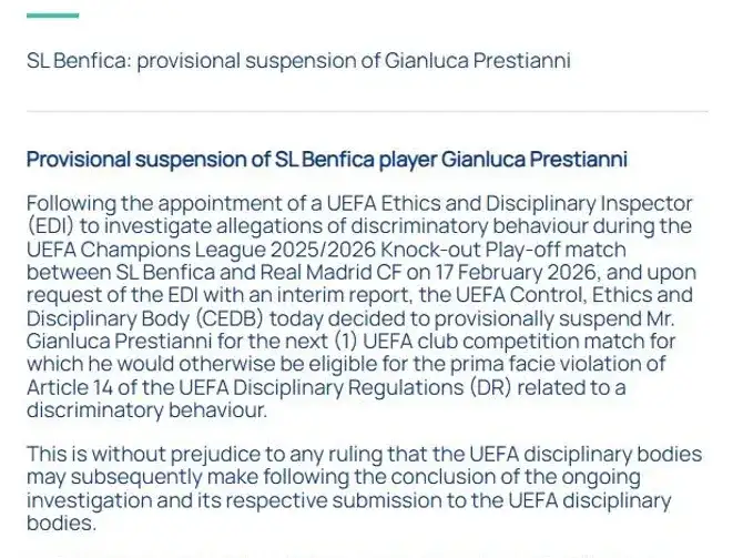Suspensión provisional a Gianluca Prestianni.