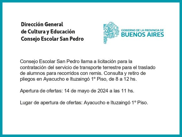 [Publicación Oficial] Consejo Escolar San Pedro: Licitación servicio de transporte