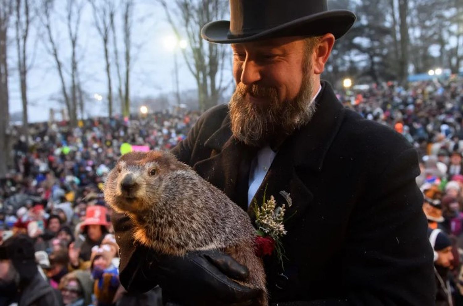 Más de 30.000 personas pasaron una noche de juerga esperando el amanecer y la salida de la marmota de su guarida de invierno.