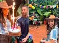 Thelma Fardin con la sonrisa a flor de piel, acompañada de su pareja, Nico Riera