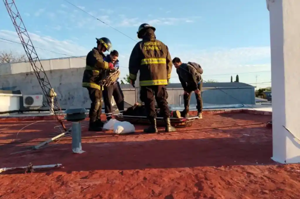 El operario que realizaba tareas de mantenimiento en una antena cayó y quedó atrapado en el techo de una vivienda. (Foto: Gentilezas)