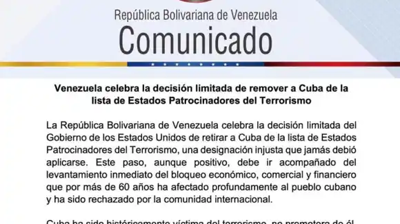 Venezuela aplaude que EE.UU. sacó a Cuba de la LISTA NEGRA (+Comunicado)