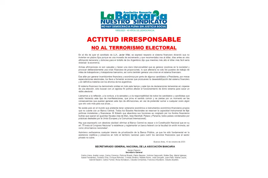 El comunicado de La Bancaria