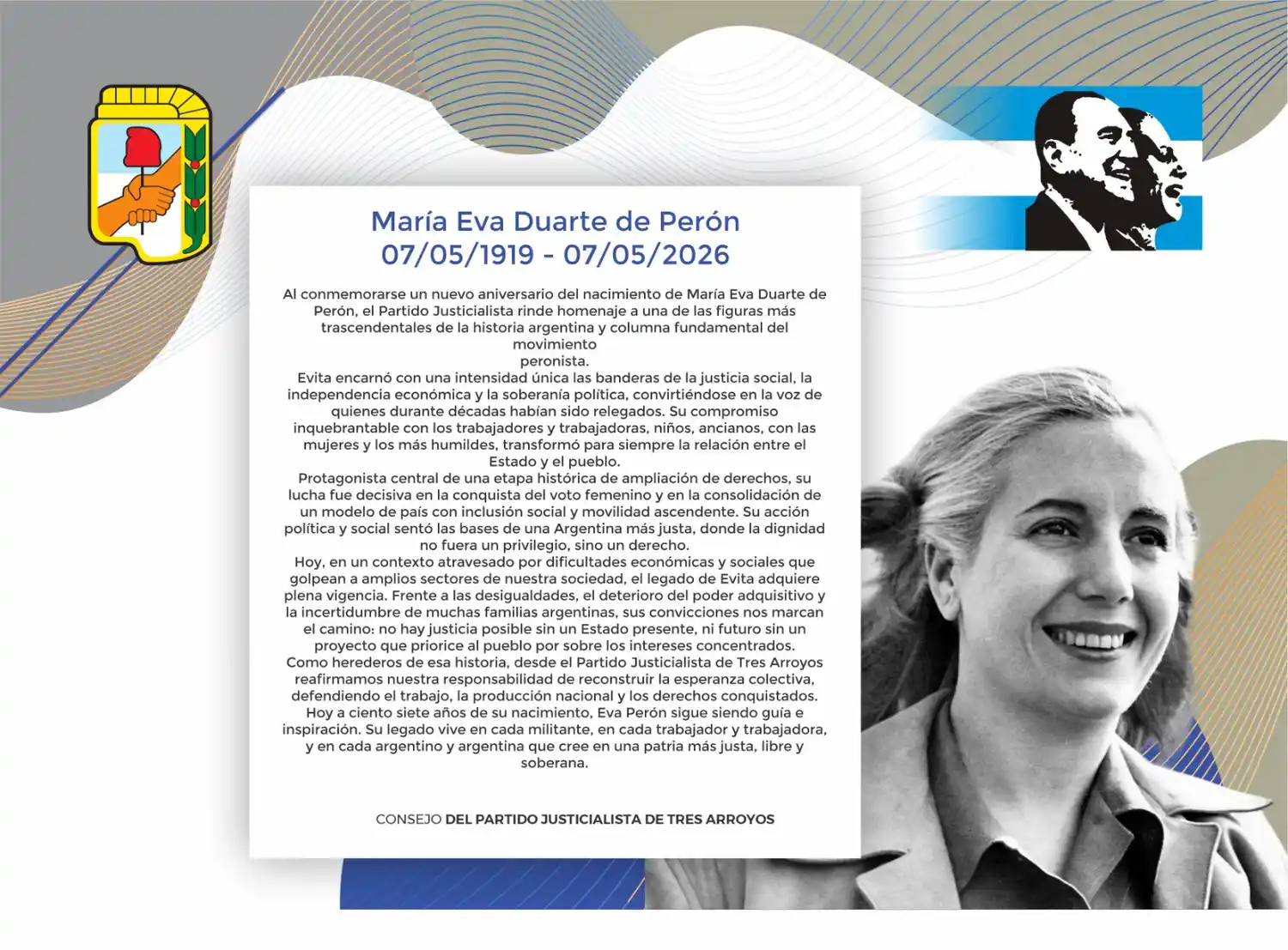 El PJ local conmemora el 107° aniversario del nacimiento de Eva Perón