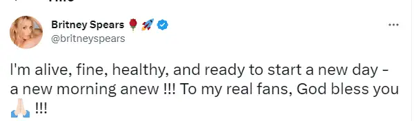 Britney aseguró que está bien, saludable y lista para siempre empezar. Foto Twitter
