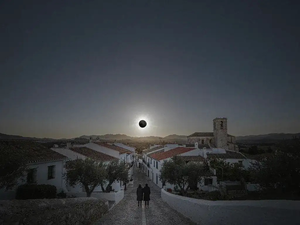 Adelanto. Es posible que el eclipse se vea así en algunos pueblos de España (IA Freepik).