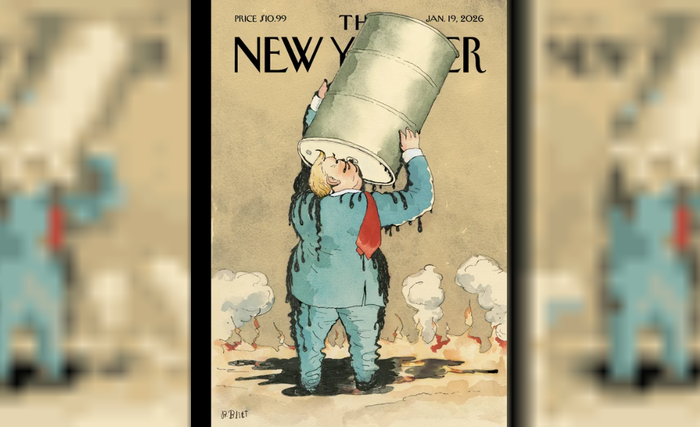 La ilustración, titulada "Guzzler" (Tragón), muestra al presidente Donald Trump bebiendo petróleo directamente de un barril.