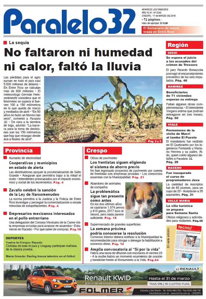 Tapa de este sábado de Paralelo 32 edición Crespo