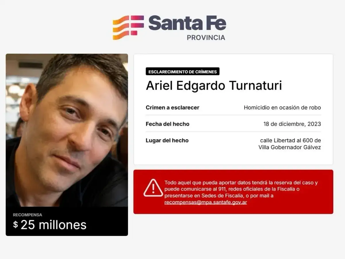 El Gobierno de Santa Fe elevó a 25 millones de pesos la recompensa por el crimen de Ariel Turnaturi