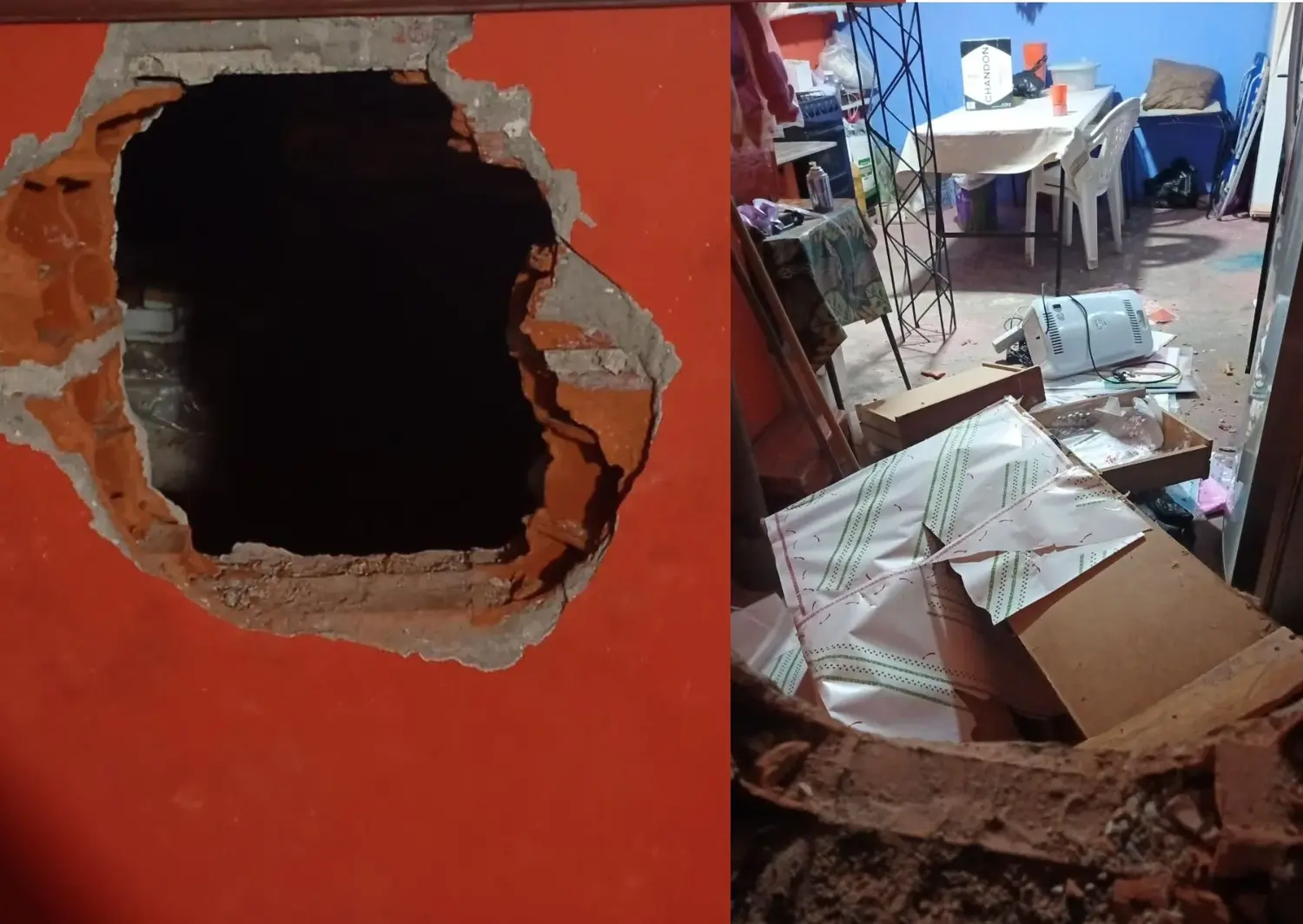 El hueco que hicieron los delincuentes para ingresar a la florería.