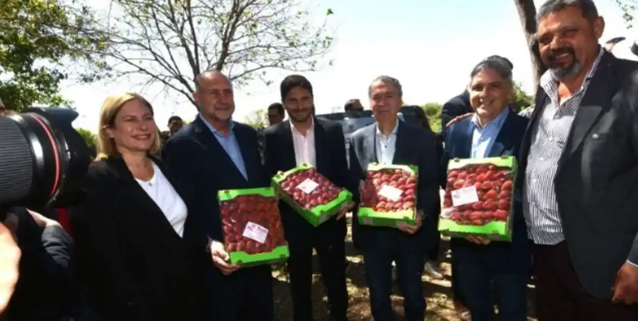 Tierra frutillera. El intendente corondino obsequió frutillas a los mandatarios provinciales salientes y los electos. Foto: Mauricio Garín