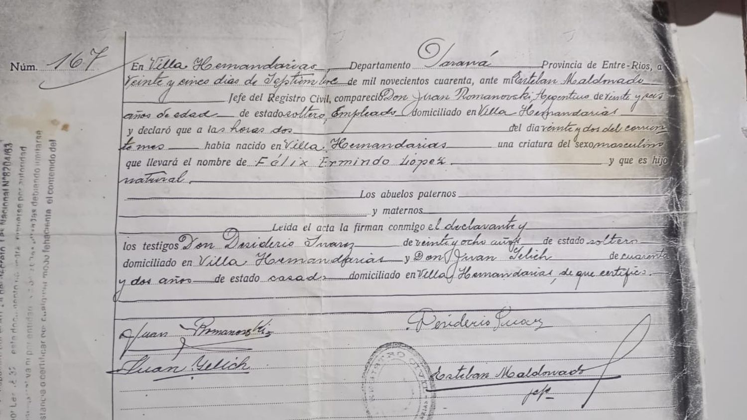 Partida de nacimiento de Ermindo López