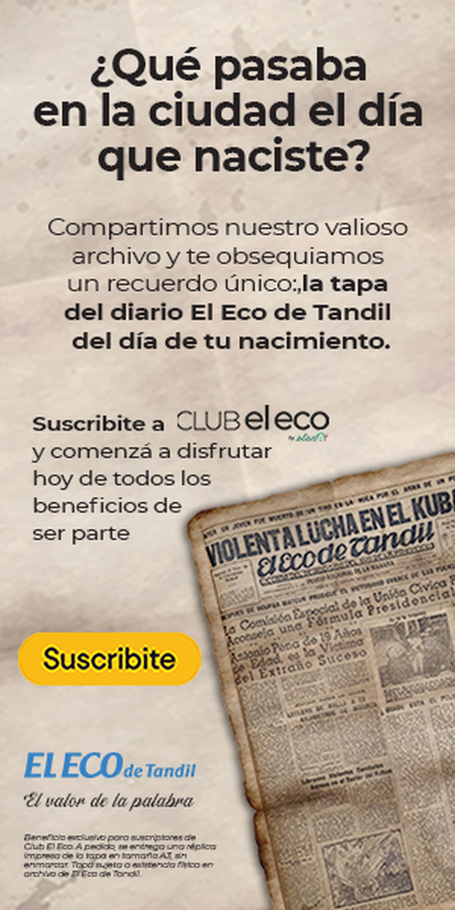 Si sos suscriptor de El Eco te regalamos la tapa del diario de tu día de nacimiento