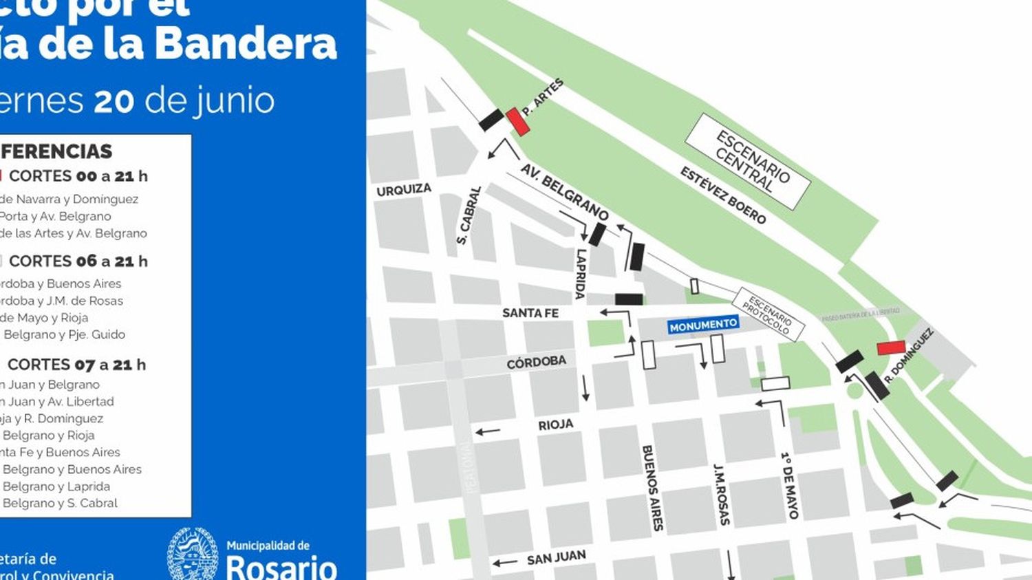 Qué cortes de tránsito habrá en Rosario por el Día de la Bandera este viernes.