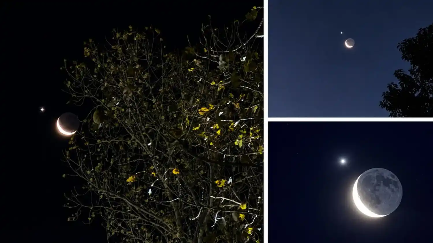 Tres imágenes sobre el acercamiento entre la Luna y Venus en el firmamento, con un brillo extraordinario.