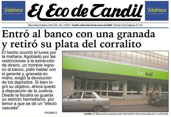 A 20 años del día que un tandilense, agobiado por el corralito, entró con una granada al Banco y exigió su dinero
