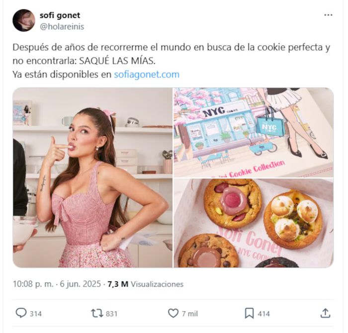 Sofía Gonet se mostró entusiasmada por sus galletitas dulces pero los usuarios la criticaron por el precio. (Foto: captura X/holareinis)