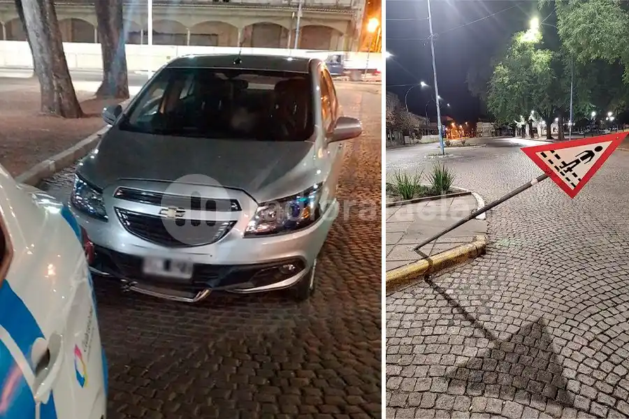 Borracho con un auto le erró a la esquina, pasó por arriba de un cantero y tumbó un cartel