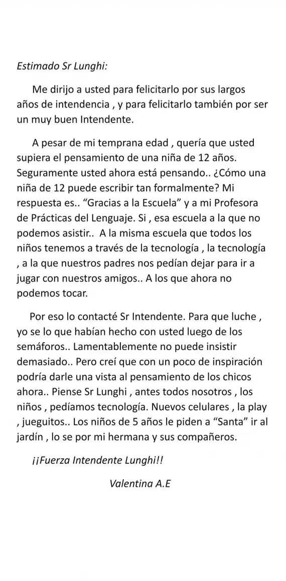 Una niña de 12 años le escribió a Lunghi para pedirle que "luche" por la presencialidad